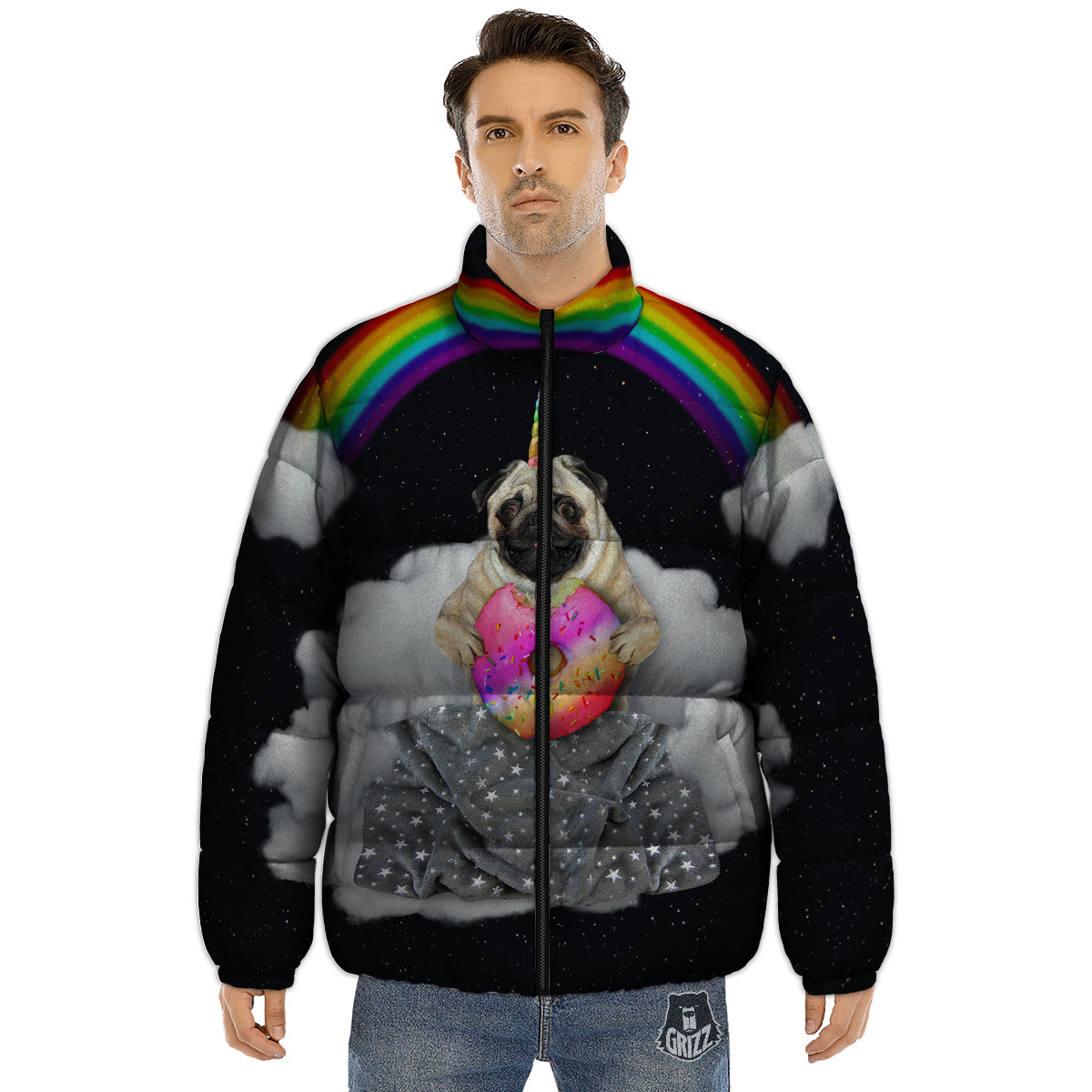 Cute Pug Unicorn Print Puffer Jacket-grizzshop