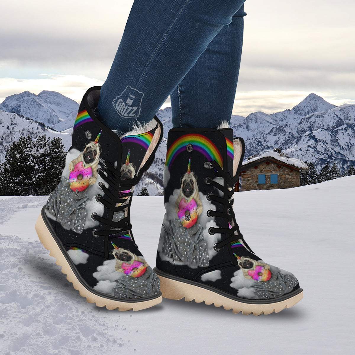 Cute Pug Unicorn Print Snow Boots-grizzshop