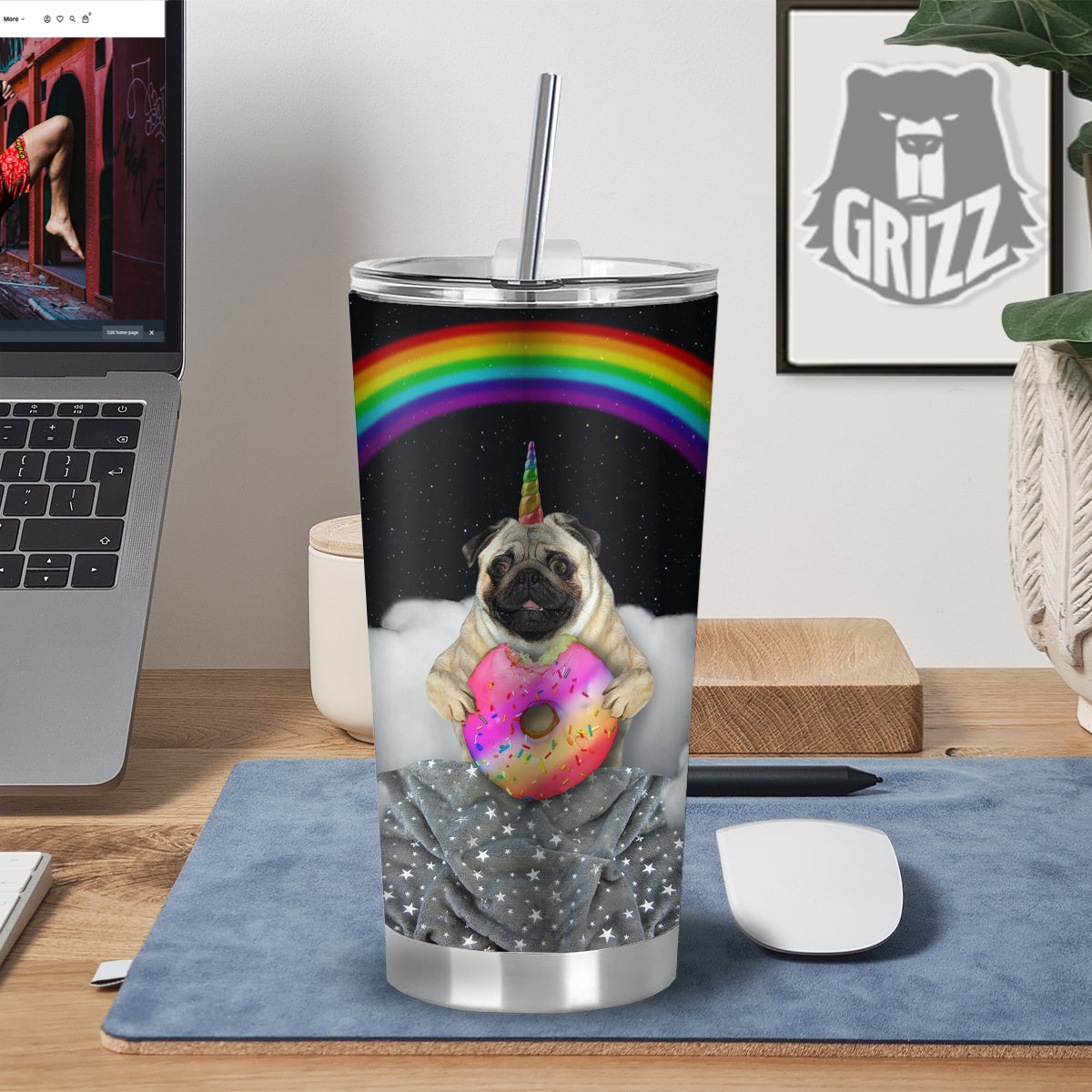 Cute Pug Unicorn Print Tumbler-grizzshop