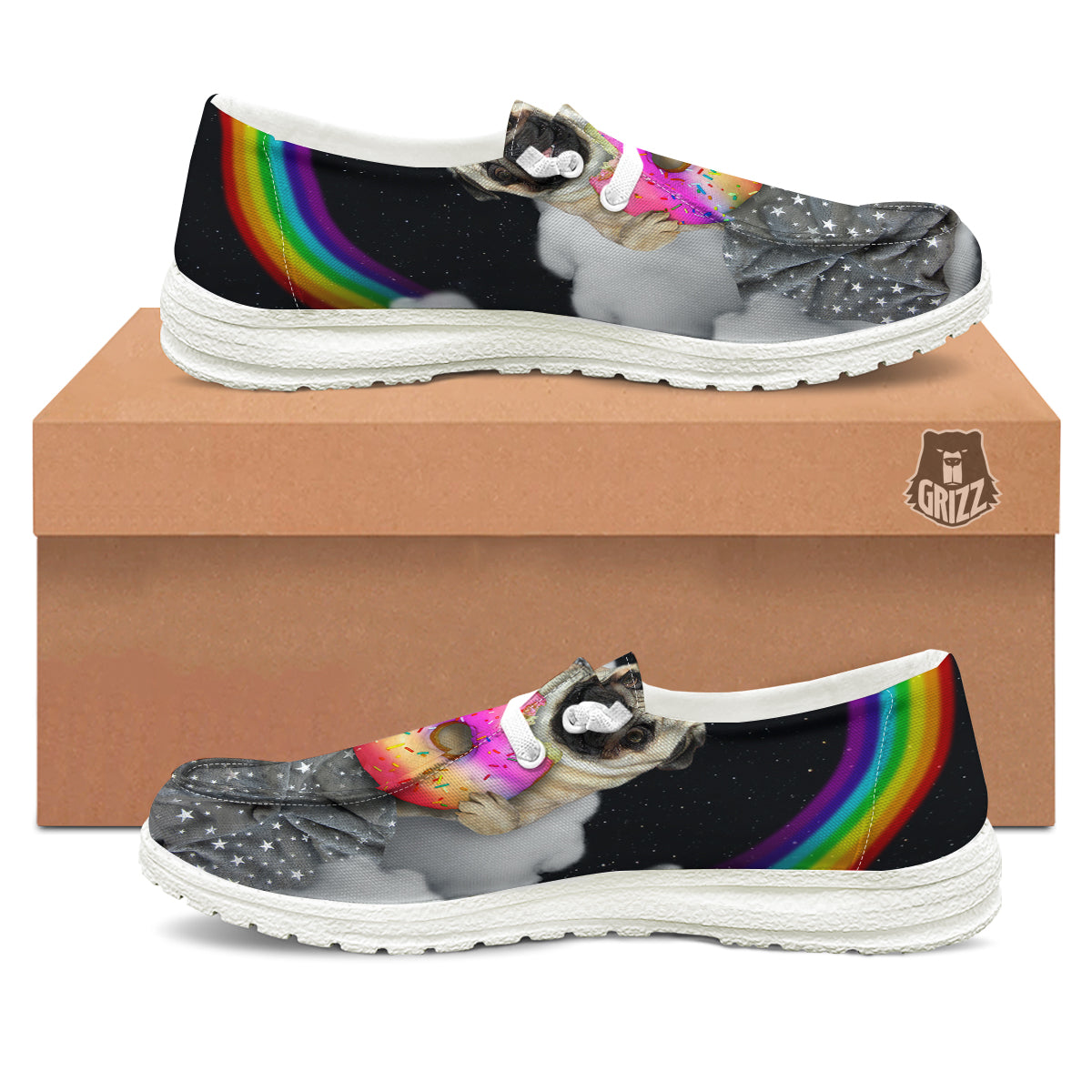 Cute Pug Unicorn Print White Loafers-grizzshop