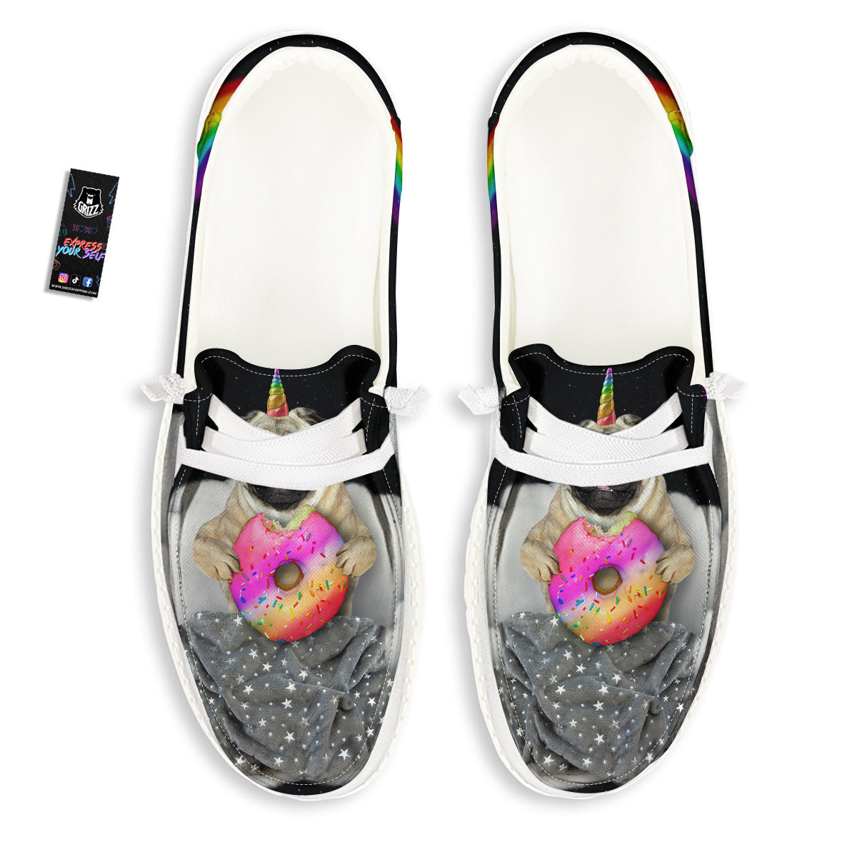 Cute Pug Unicorn Print White Loafers-grizzshop
