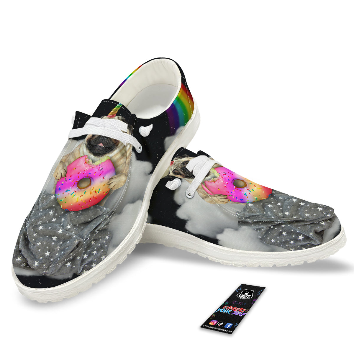 Cute Pug Unicorn Print White Loafers-grizzshop