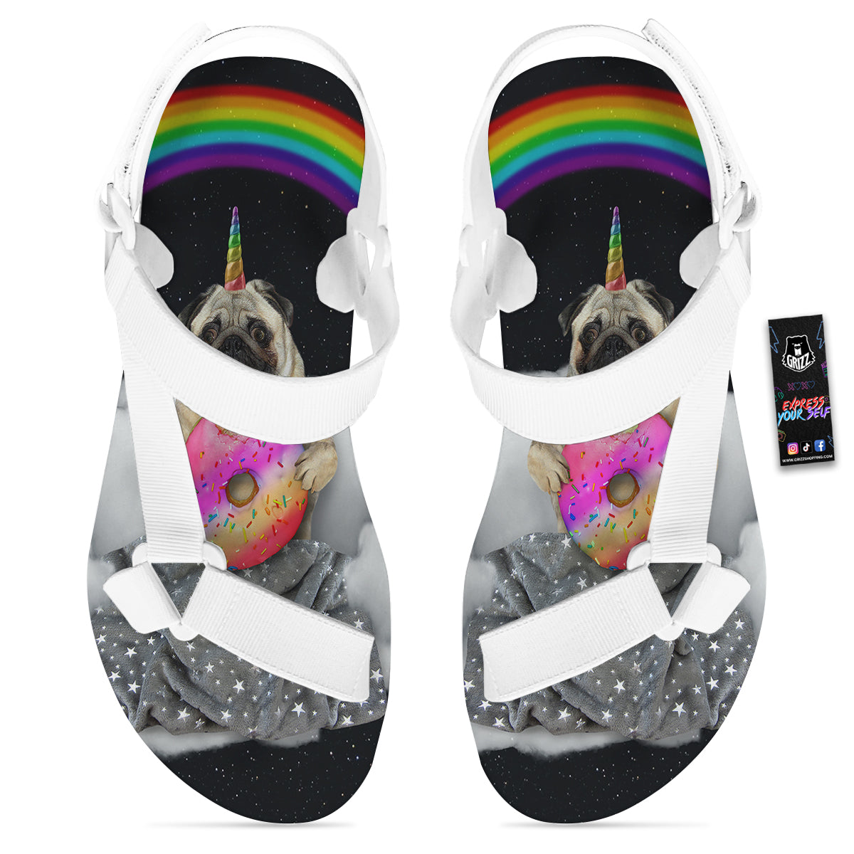 Cute Pug Unicorn Print White Open Toe Sandals-grizzshop