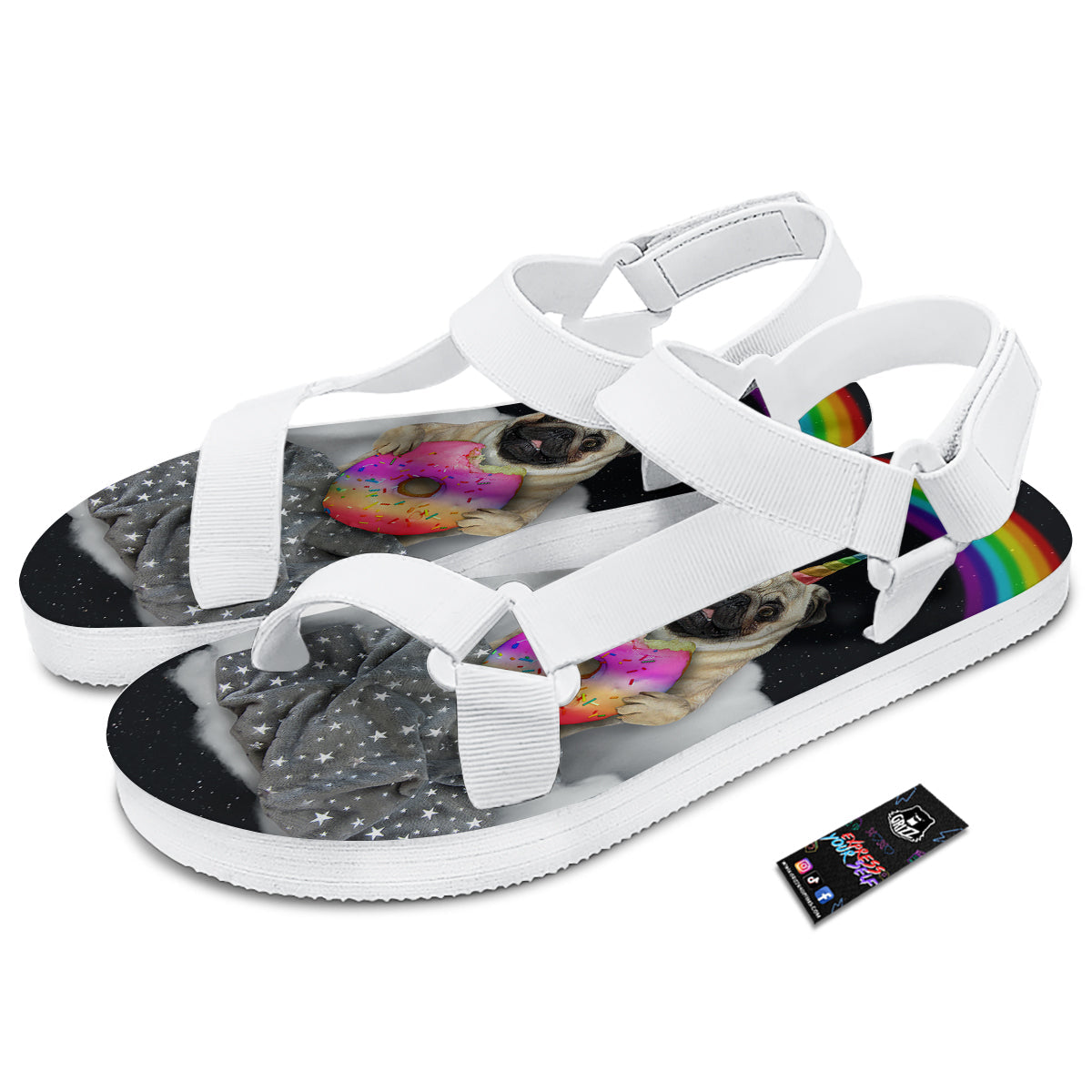 Cute Pug Unicorn Print White Open Toe Sandals-grizzshop