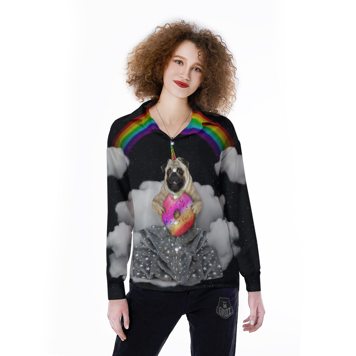 Cute Pug Unicorn Print Women's Long Sleeve Shirts-grizzshop