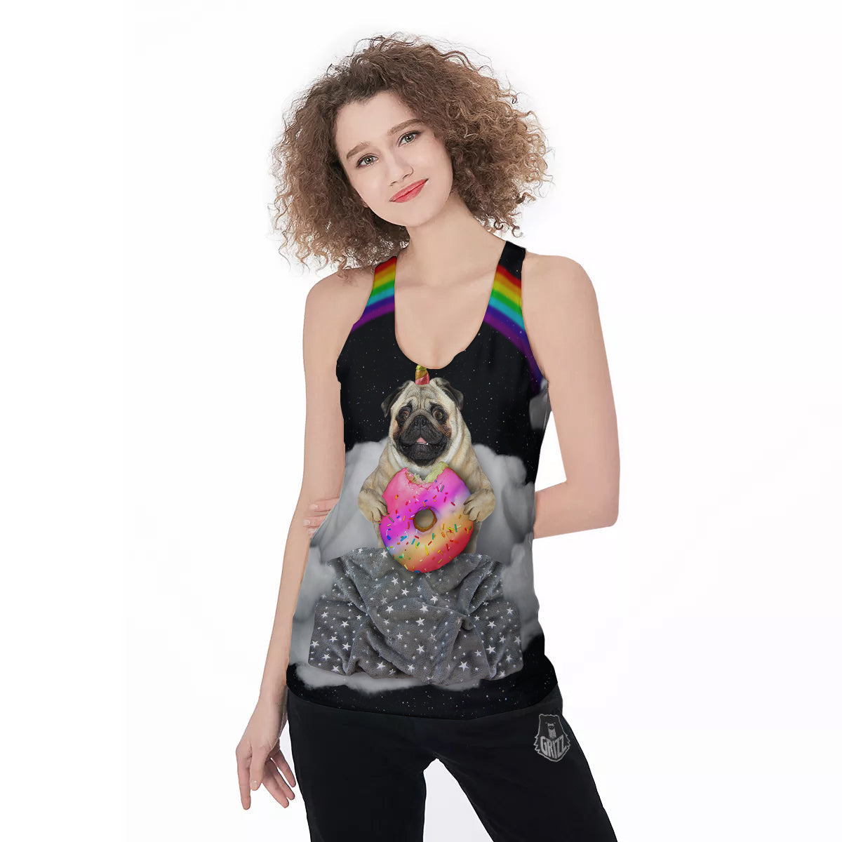 Cute Pug Unicorn Print Women's Racerback Tank Top-grizzshop