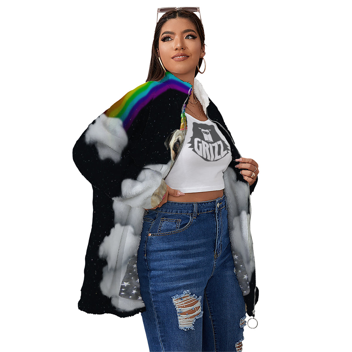 Cute Pug Unicorn Print Women's Sherpa Jacket-grizzshop