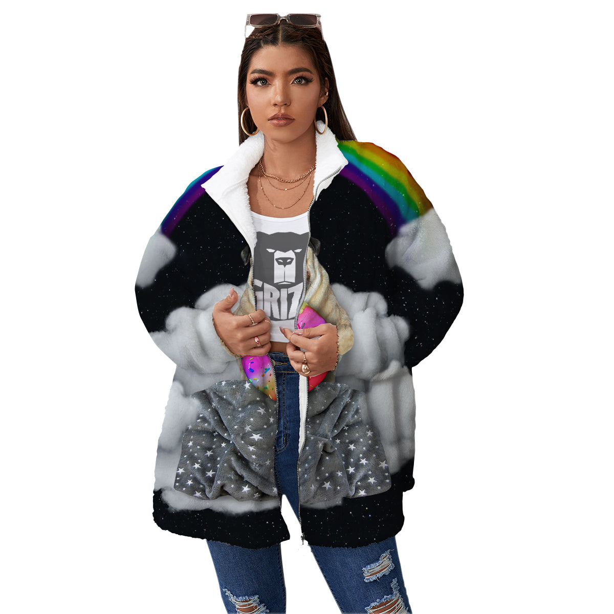 Cute Pug Unicorn Print Women's Sherpa Jacket-grizzshop