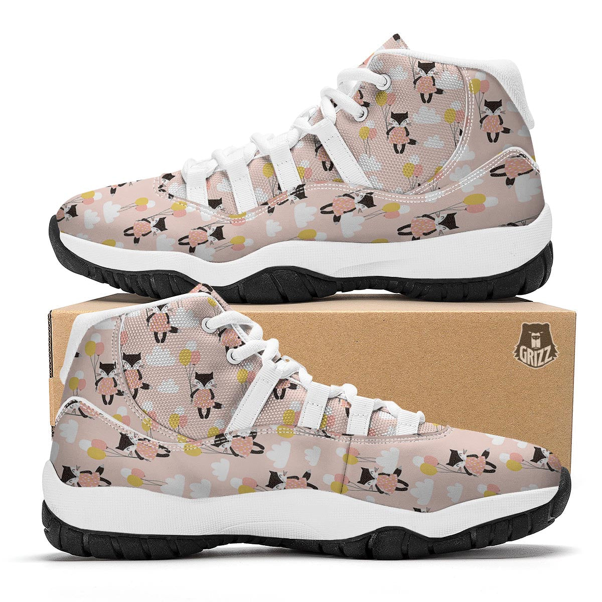 Cute Raccoon Hot Air Balloon Pattern Print White Bball Shoes-grizzshop
