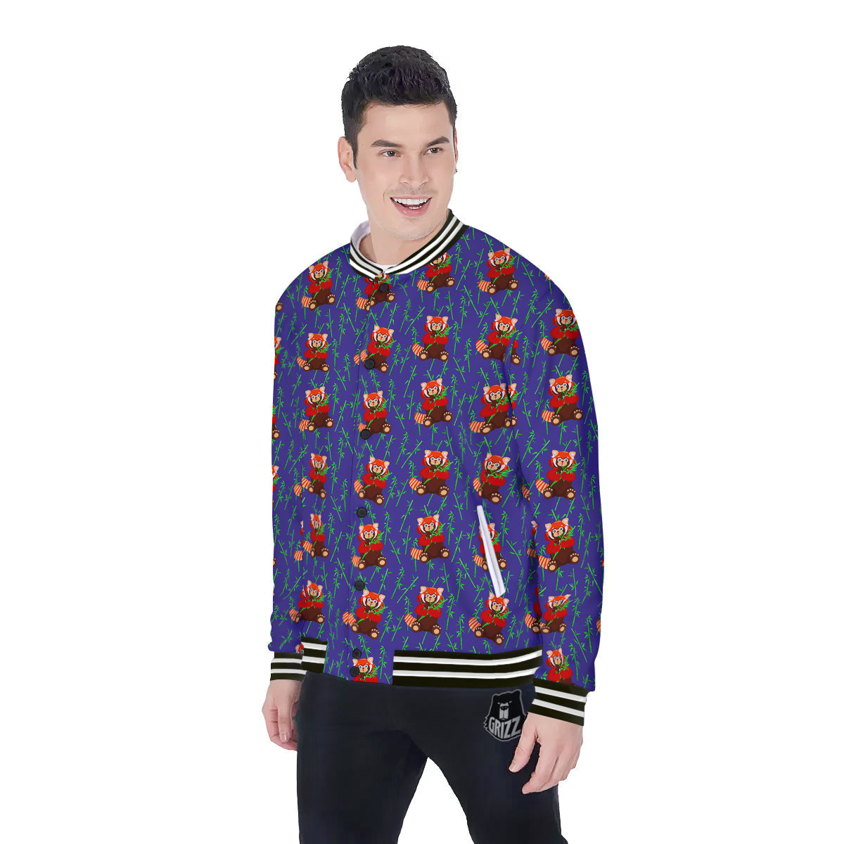 Cute Red Raccoon And Bamboo Print Pattern Baseball Jacket-grizzshop