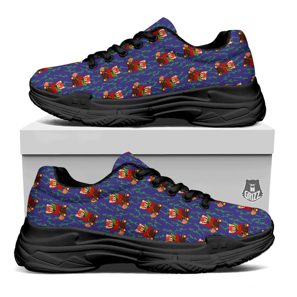 Cute Red Raccoon And Bamboo Print Pattern Black Chunky Shoes-grizzshop