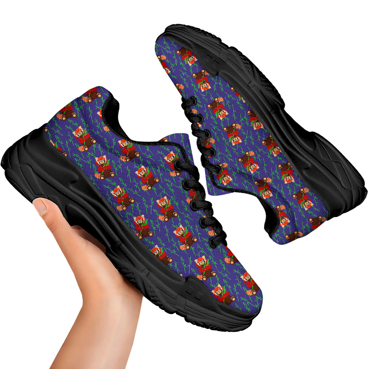 Cute Red Raccoon And Bamboo Print Pattern Black Chunky Shoes-grizzshop