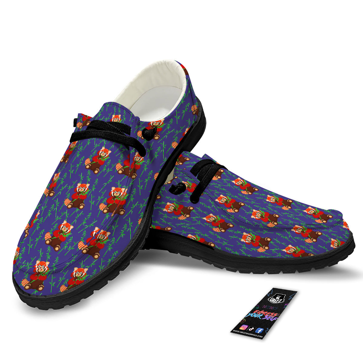 Cute Red Raccoon And Bamboo Print Pattern Black Loafers-grizzshop