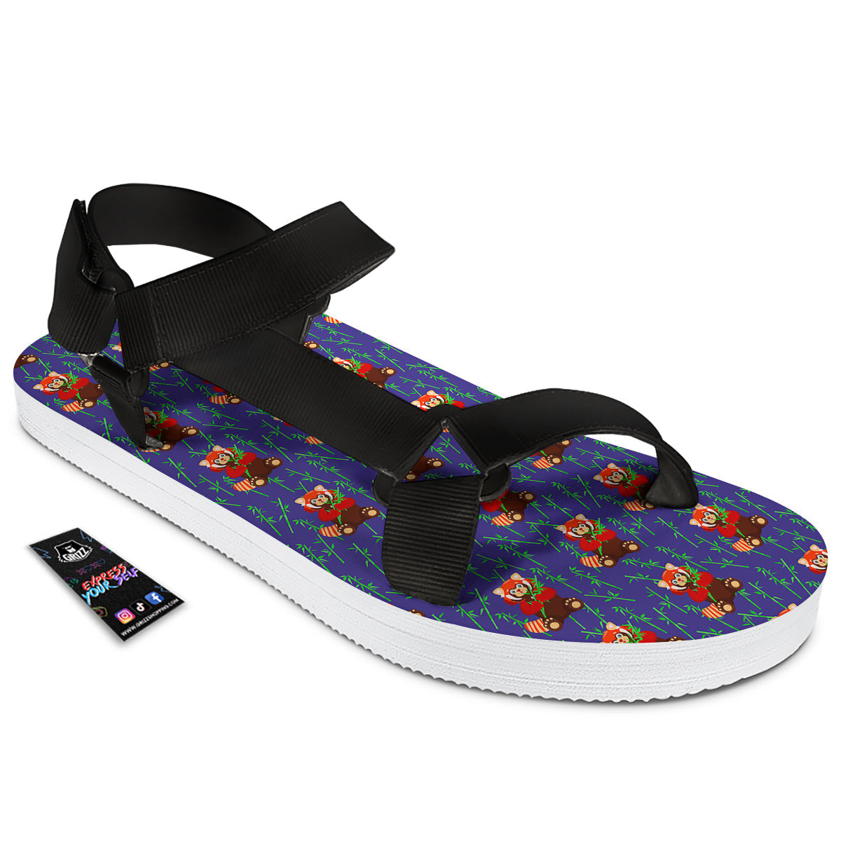 Cute Red Raccoon And Bamboo Print Pattern Black Open Toe Sandals-grizzshop