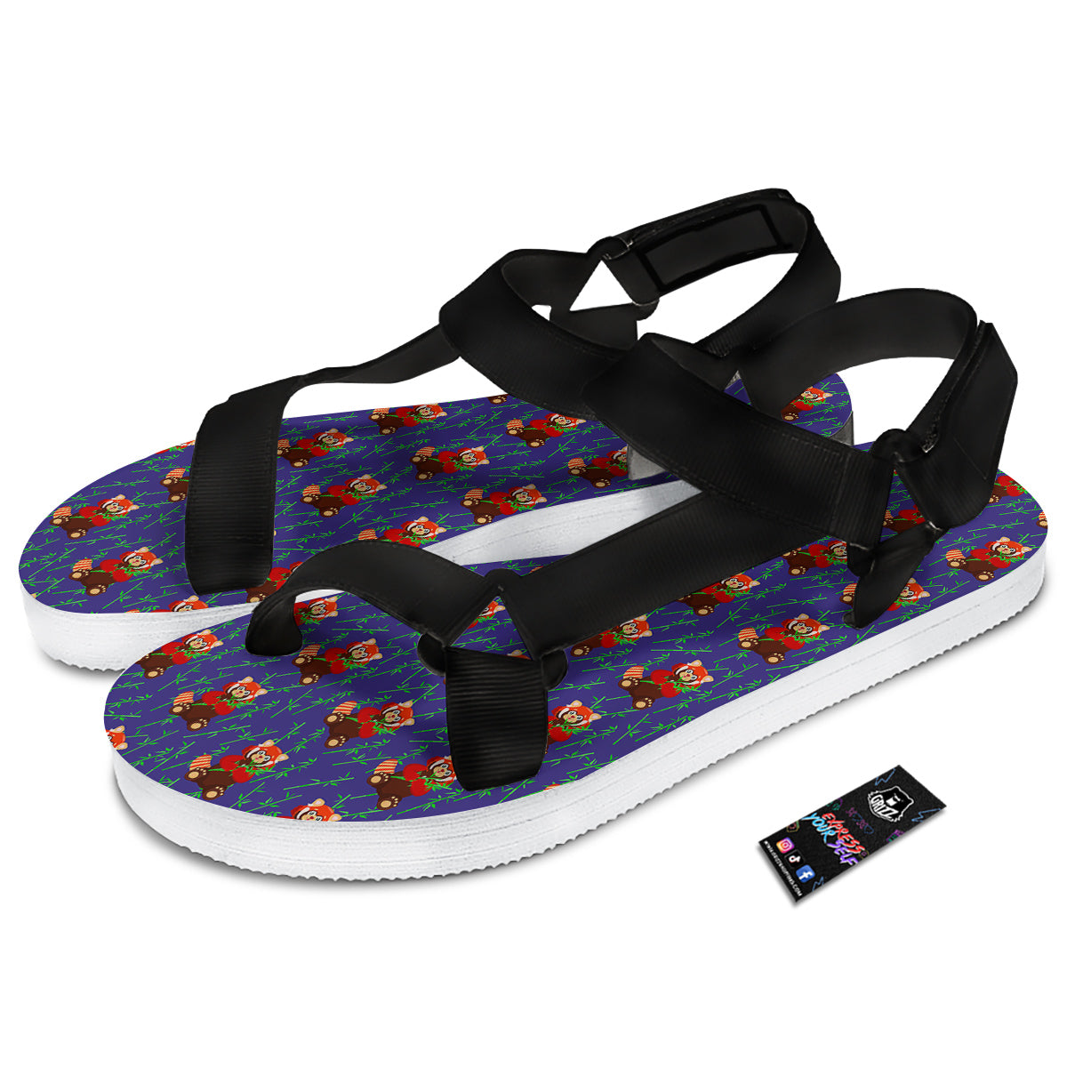 Cute Red Raccoon And Bamboo Print Pattern Black Open Toe Sandals-grizzshop