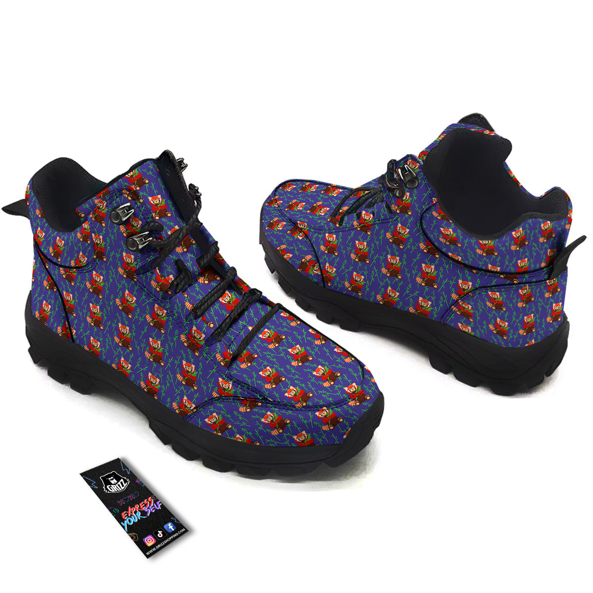 Cute Red Raccoon And Bamboo Print Pattern Hiking Shoes-grizzshop