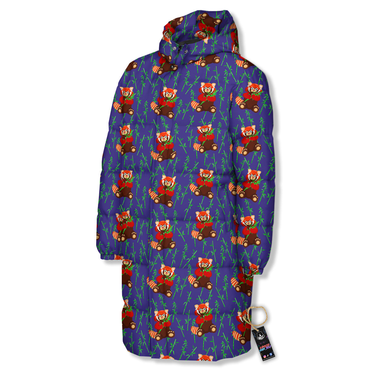 Cute Red Raccoon And Bamboo Print Pattern Long Down Jacket-grizzshop