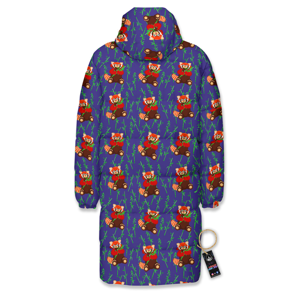 Cute Red Raccoon And Bamboo Print Pattern Long Down Jacket-grizzshop