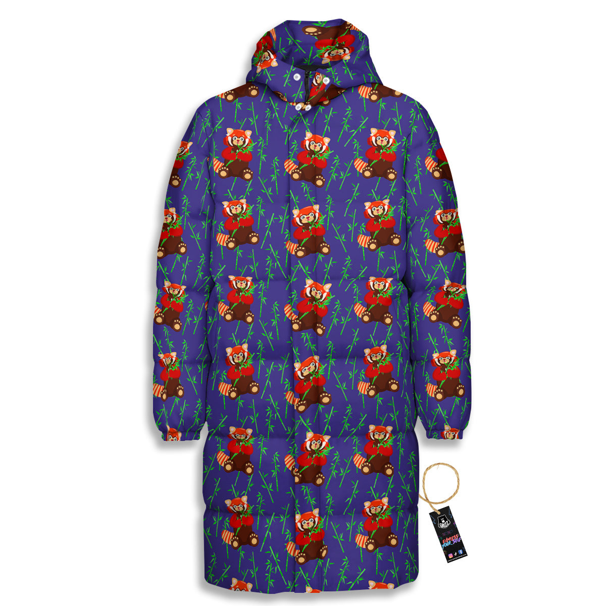 Cute Red Raccoon And Bamboo Print Pattern Long Down Jacket-grizzshop