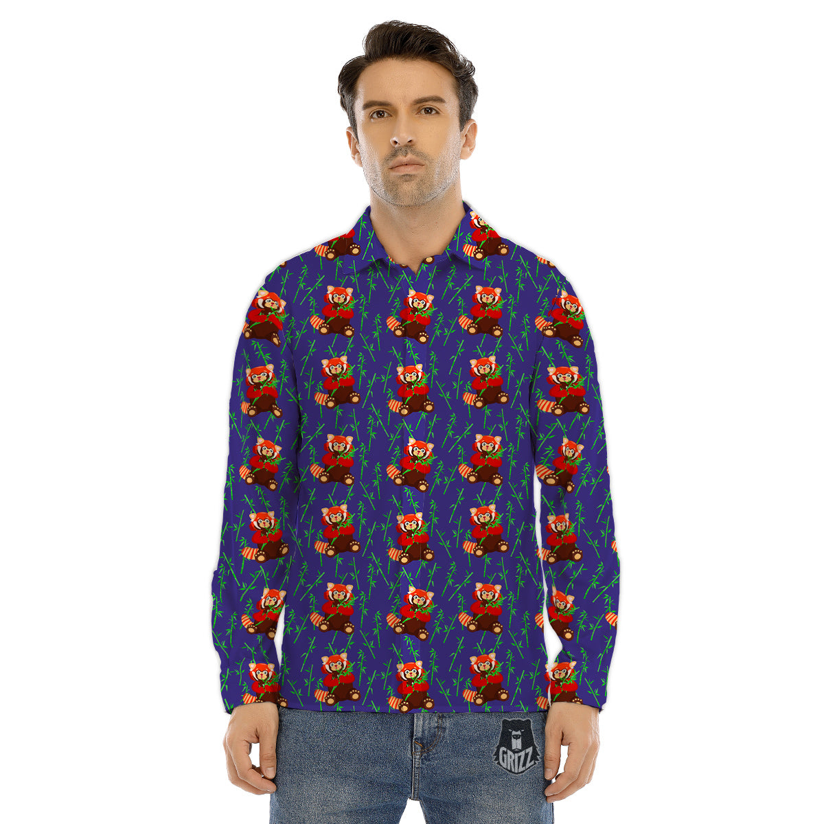 Cute Red Raccoon And Bamboo Print Pattern Men's Dress Shirts-grizzshop