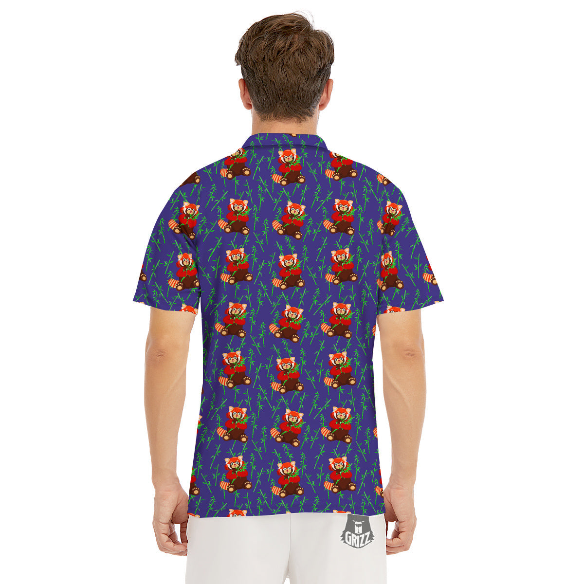 Cute Red Raccoon And Bamboo Print Pattern Men's Golf Shirts-grizzshop