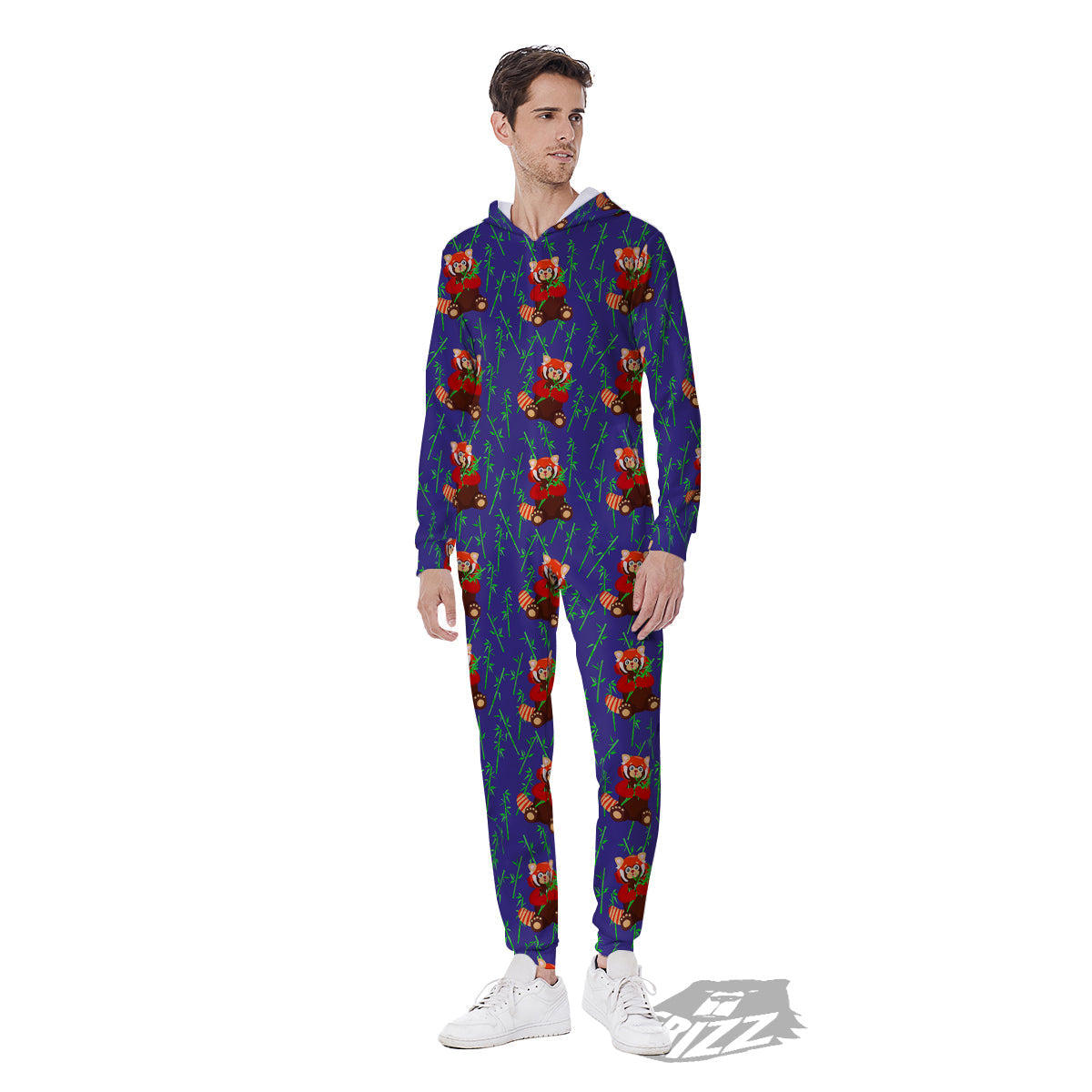 Cute Red Raccoon And Bamboo Print Pattern Men's Jumpsuit-grizzshop