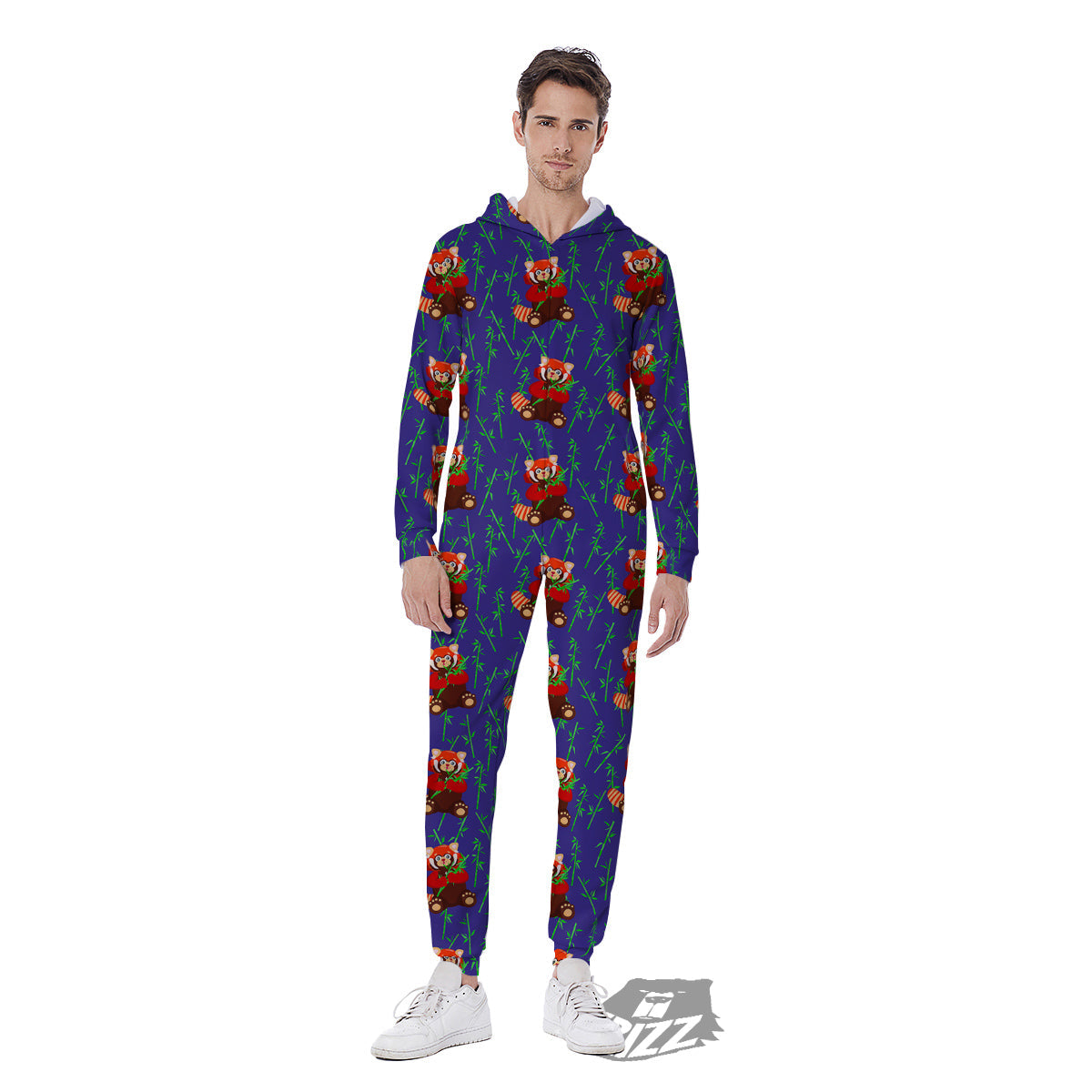 Cute Red Raccoon And Bamboo Print Pattern Men's Jumpsuit-grizzshop