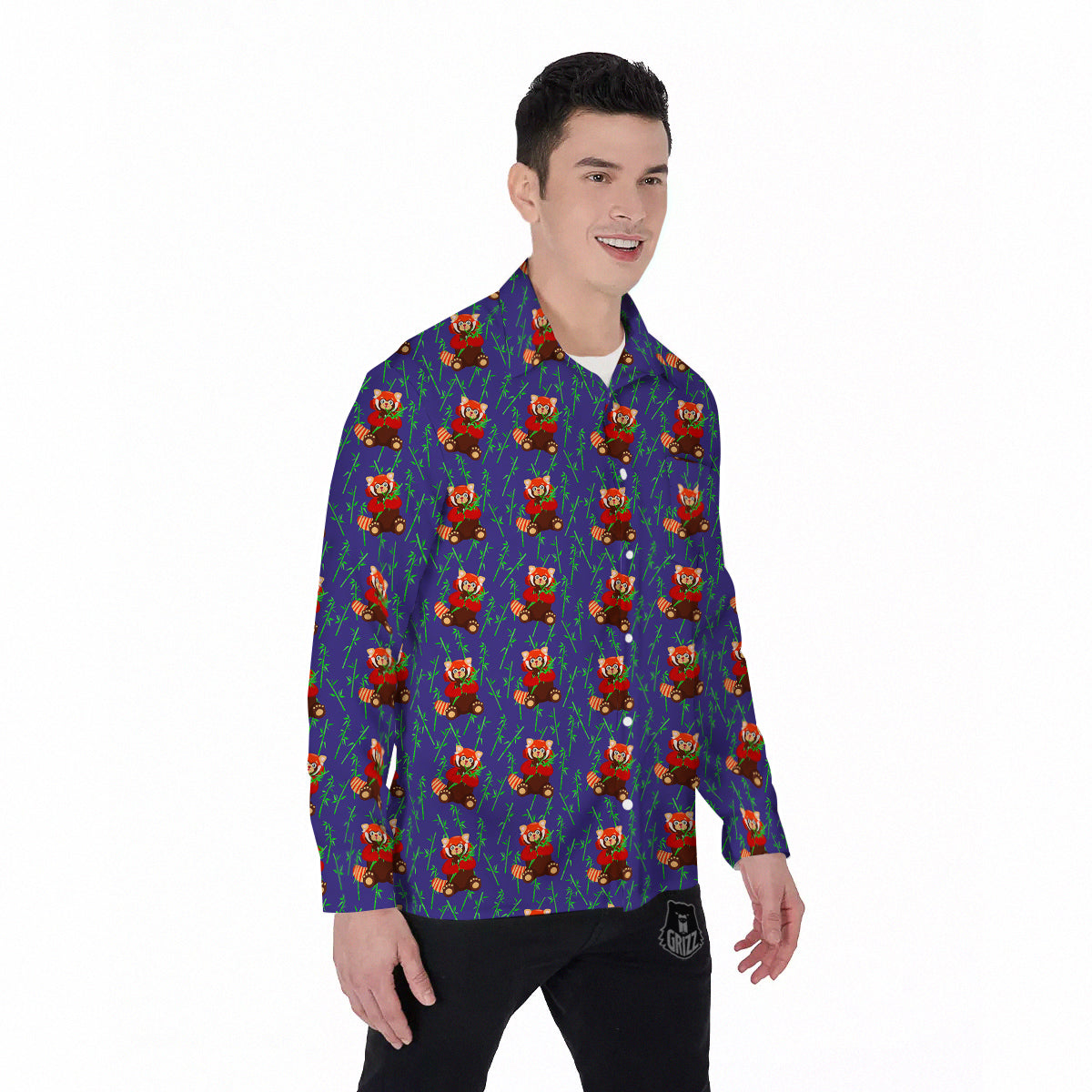 Cute Red Raccoon And Bamboo Print Pattern Men's Long Sleeve Shirts-grizzshop