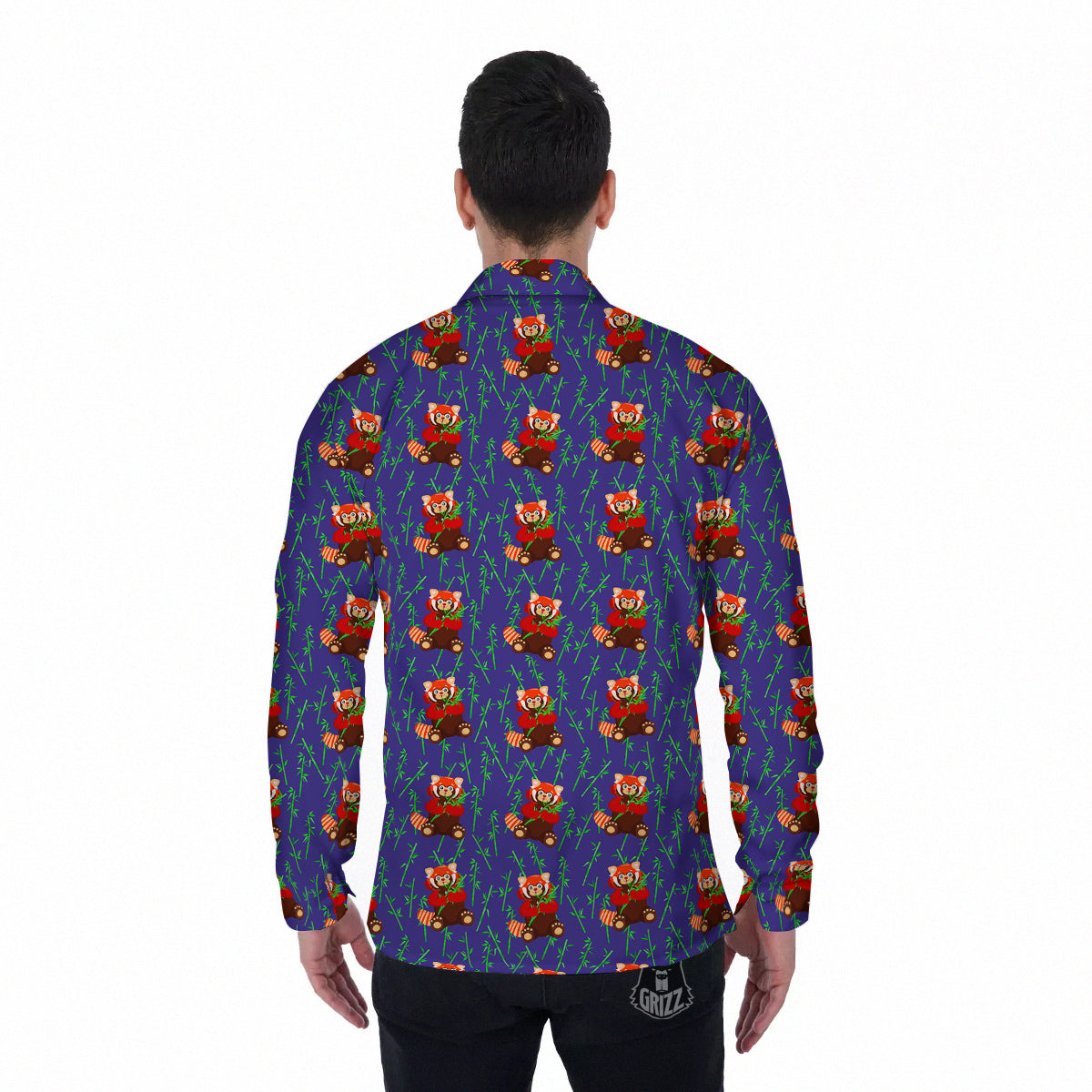 Cute Red Raccoon And Bamboo Print Pattern Men's Long Sleeve Shirts-grizzshop