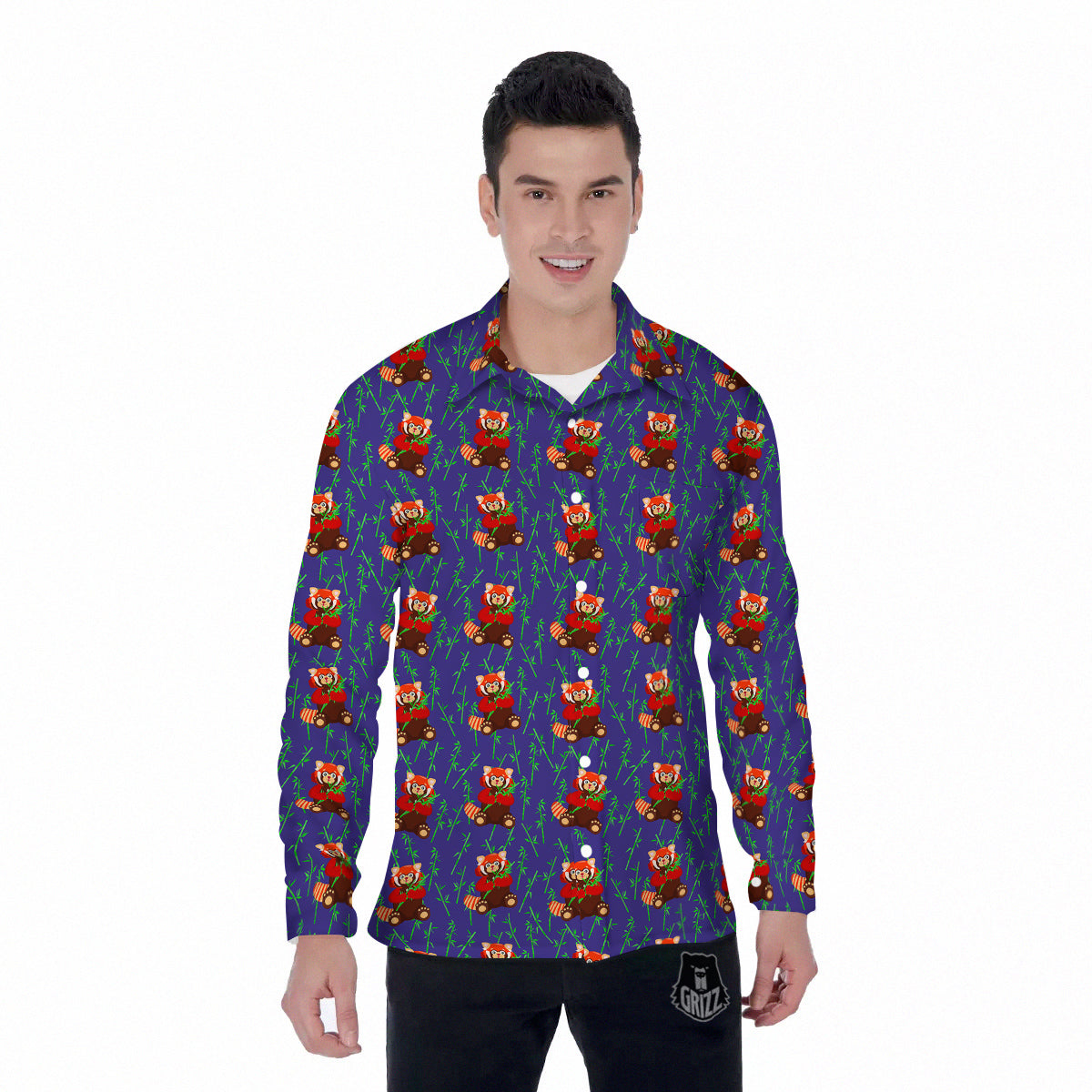 Cute Red Raccoon And Bamboo Print Pattern Men's Long Sleeve Shirts-grizzshop