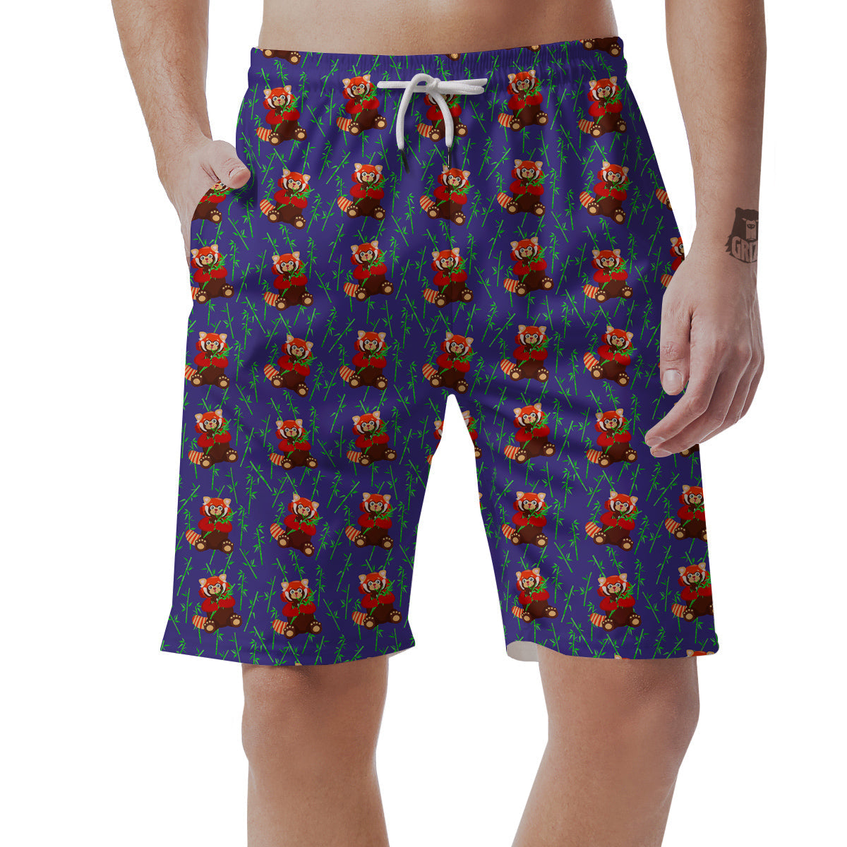 Cute Red Raccoon And Bamboo Print Pattern Men's Shorts-grizzshop