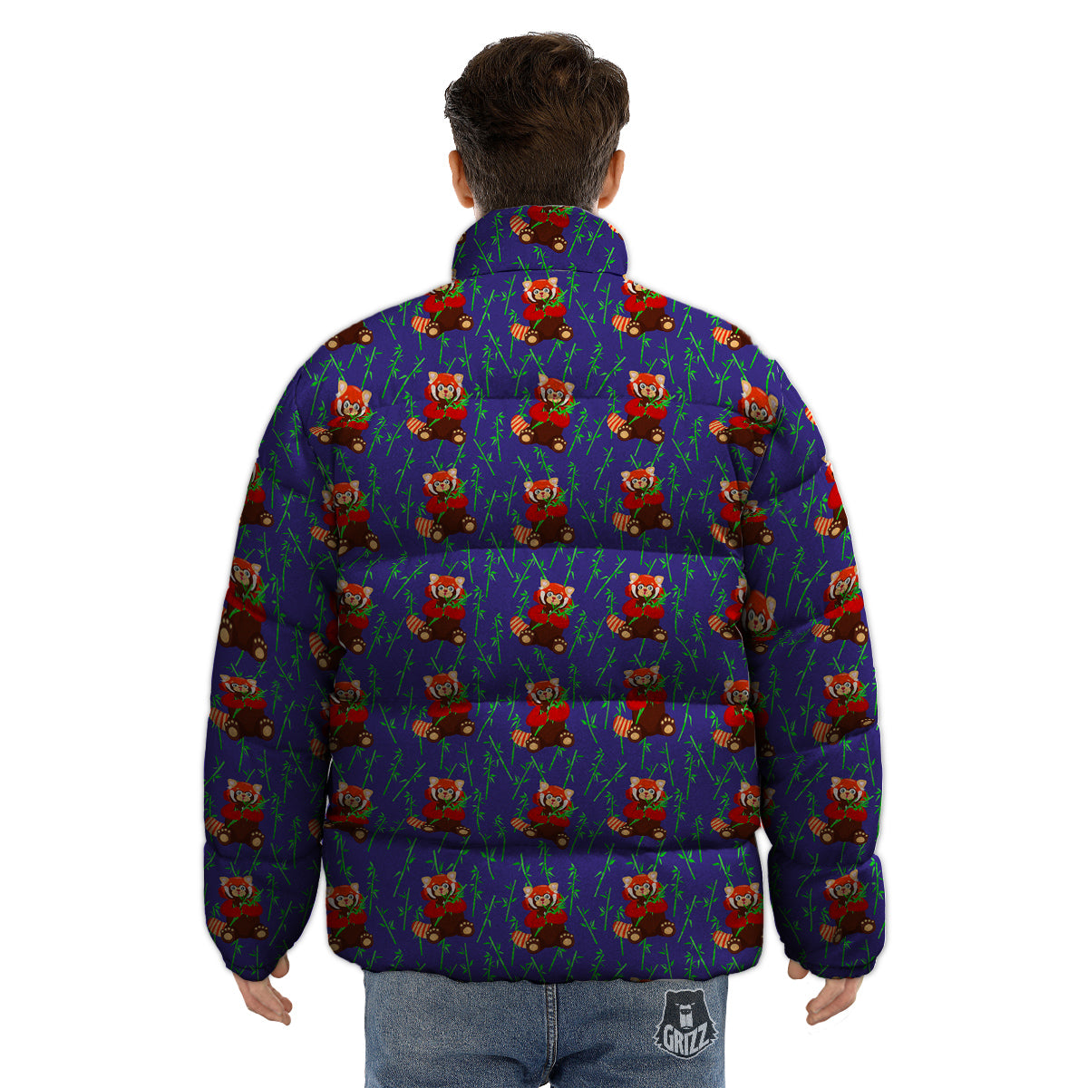 Cute Red Raccoon And Bamboo Print Pattern Puffer Jacket-grizzshop