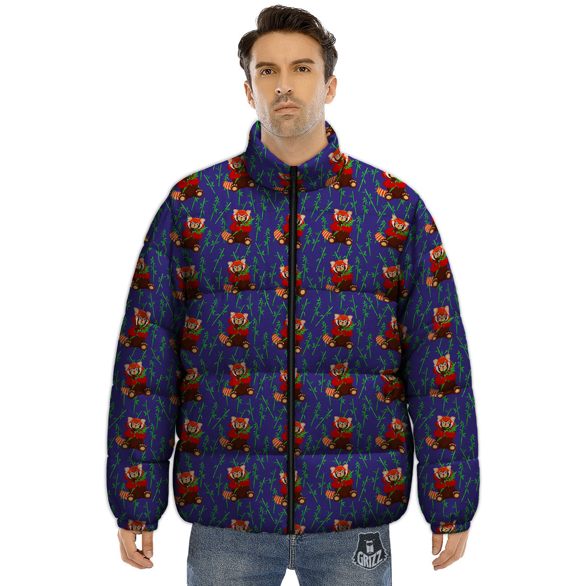 Cute Red Raccoon And Bamboo Print Pattern Puffer Jacket-grizzshop