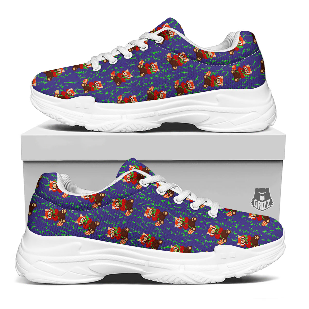 Cute Red Raccoon And Bamboo Print Pattern White Chunky Shoes-grizzshop