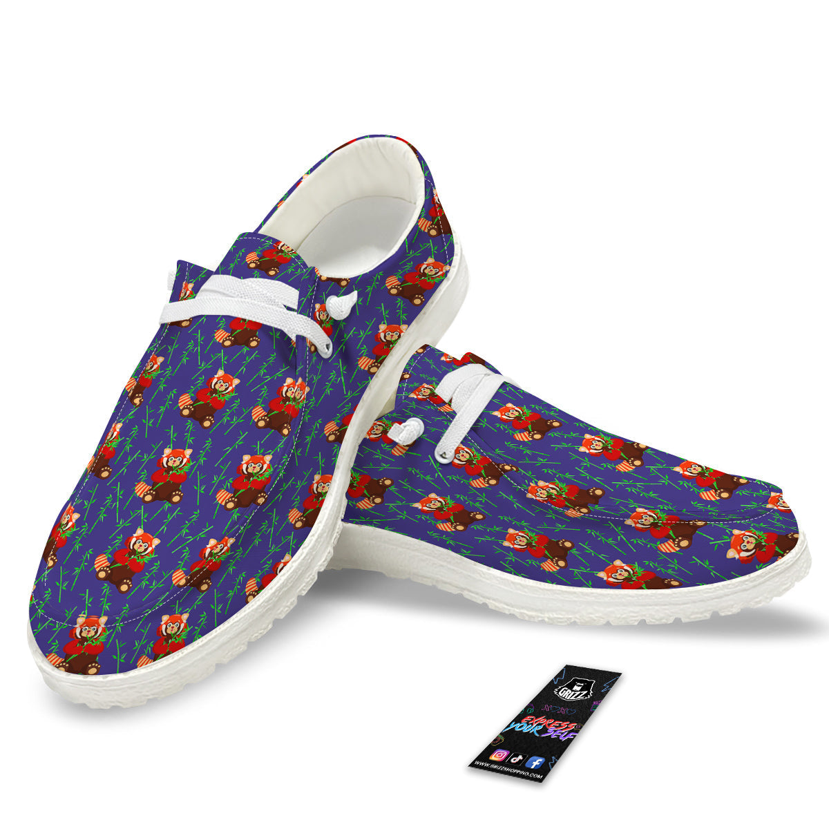 Cute Red Raccoon And Bamboo Print Pattern White Loafers-grizzshop