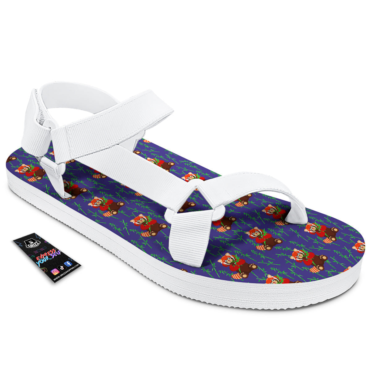 Cute Red Raccoon And Bamboo Print Pattern White Open Toe Sandals-grizzshop