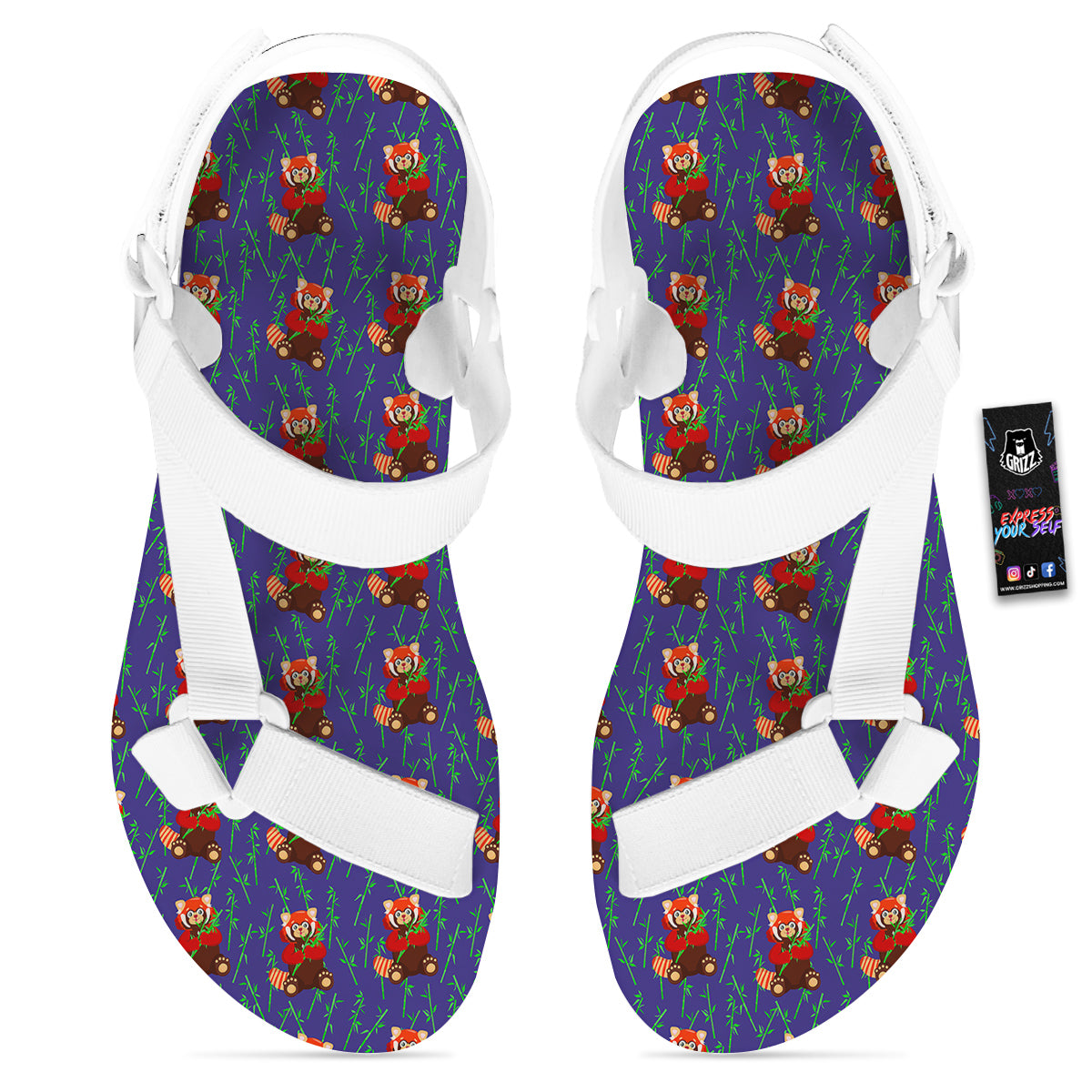 Cute Red Raccoon And Bamboo Print Pattern White Open Toe Sandals-grizzshop