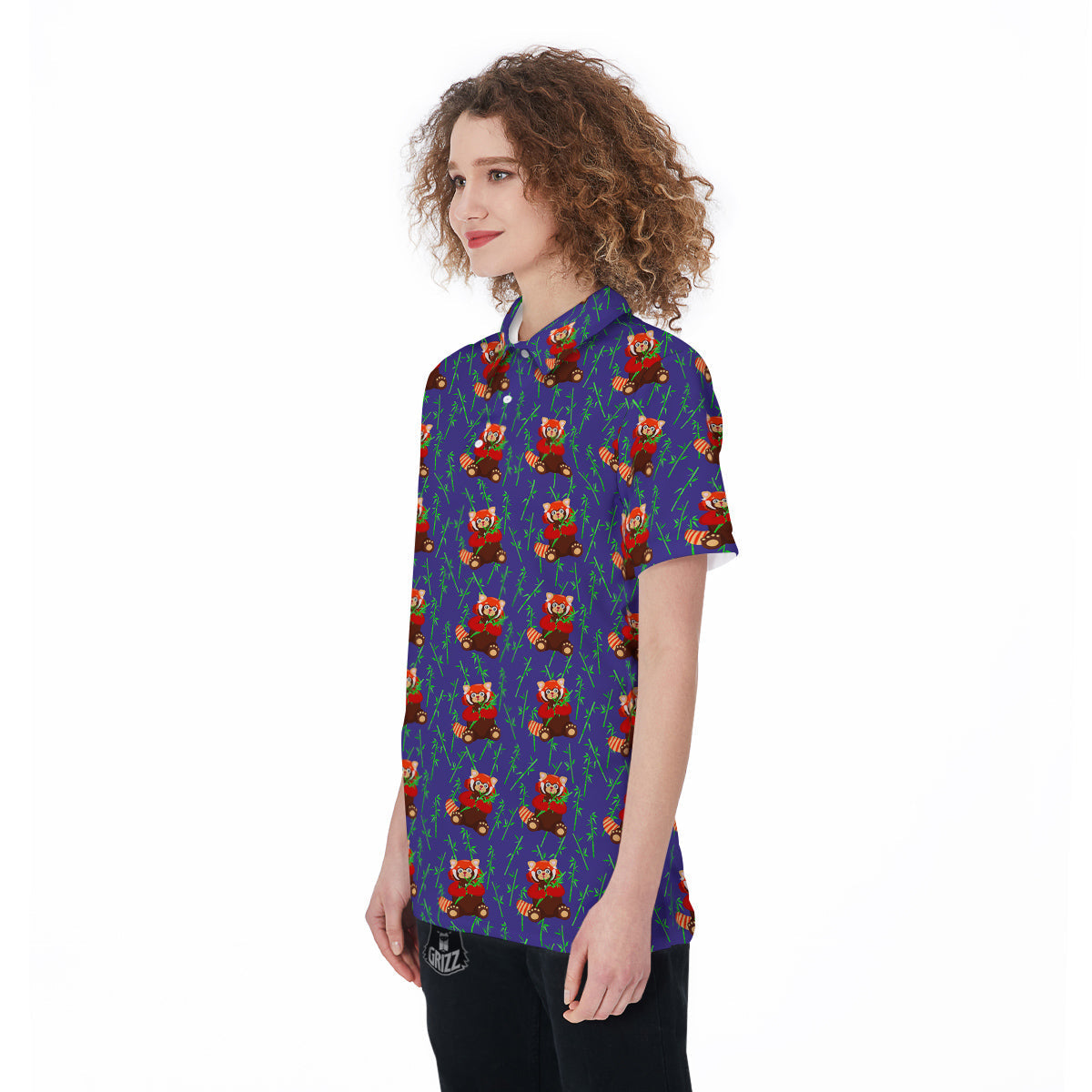Cute Red Raccoon And Bamboo Print Pattern Women's Golf Shirts-grizzshop