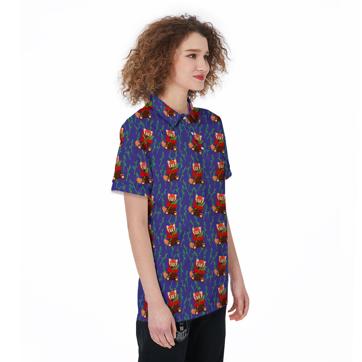 Cute Red Raccoon And Bamboo Print Pattern Women's Golf Shirts-grizzshop