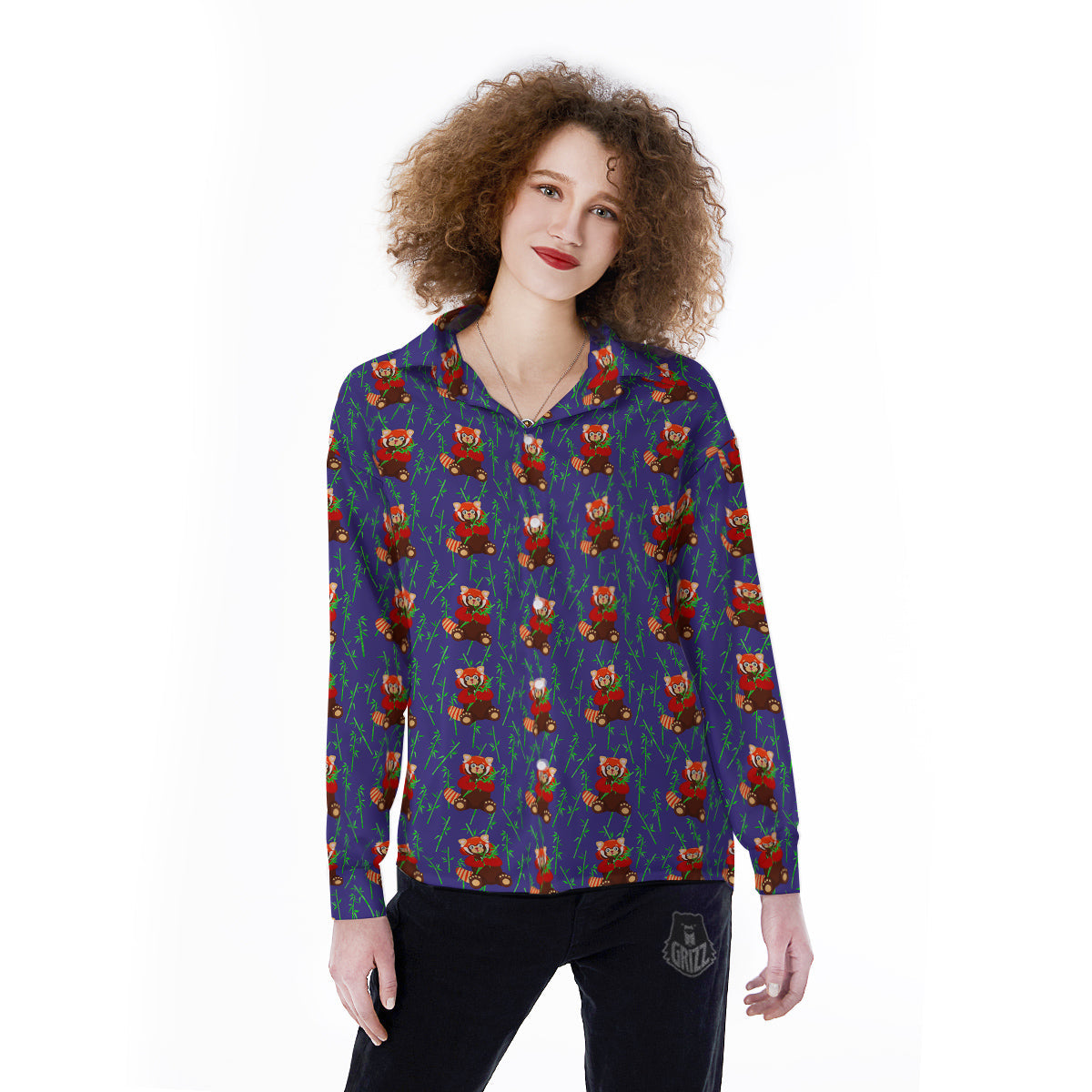 Cute Red Raccoon And Bamboo Print Pattern Women's Long Sleeve Shirts-grizzshop
