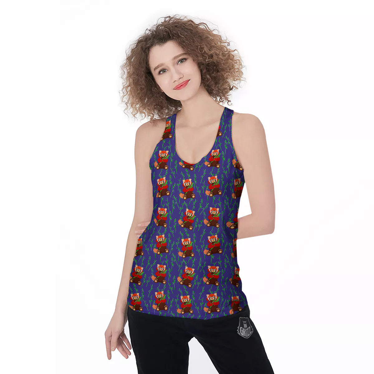 Cute Red Raccoon And Bamboo Print Pattern Women's Racerback Tank Top-grizzshop