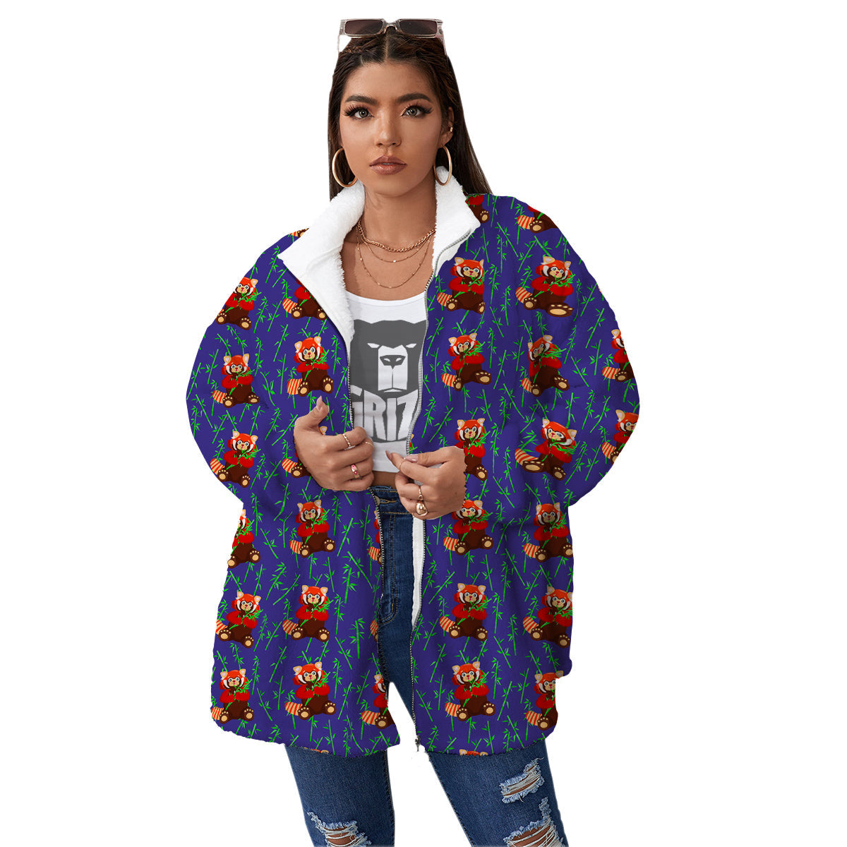 Cute Red Raccoon And Bamboo Print Pattern Women's Sherpa Jacket-grizzshop