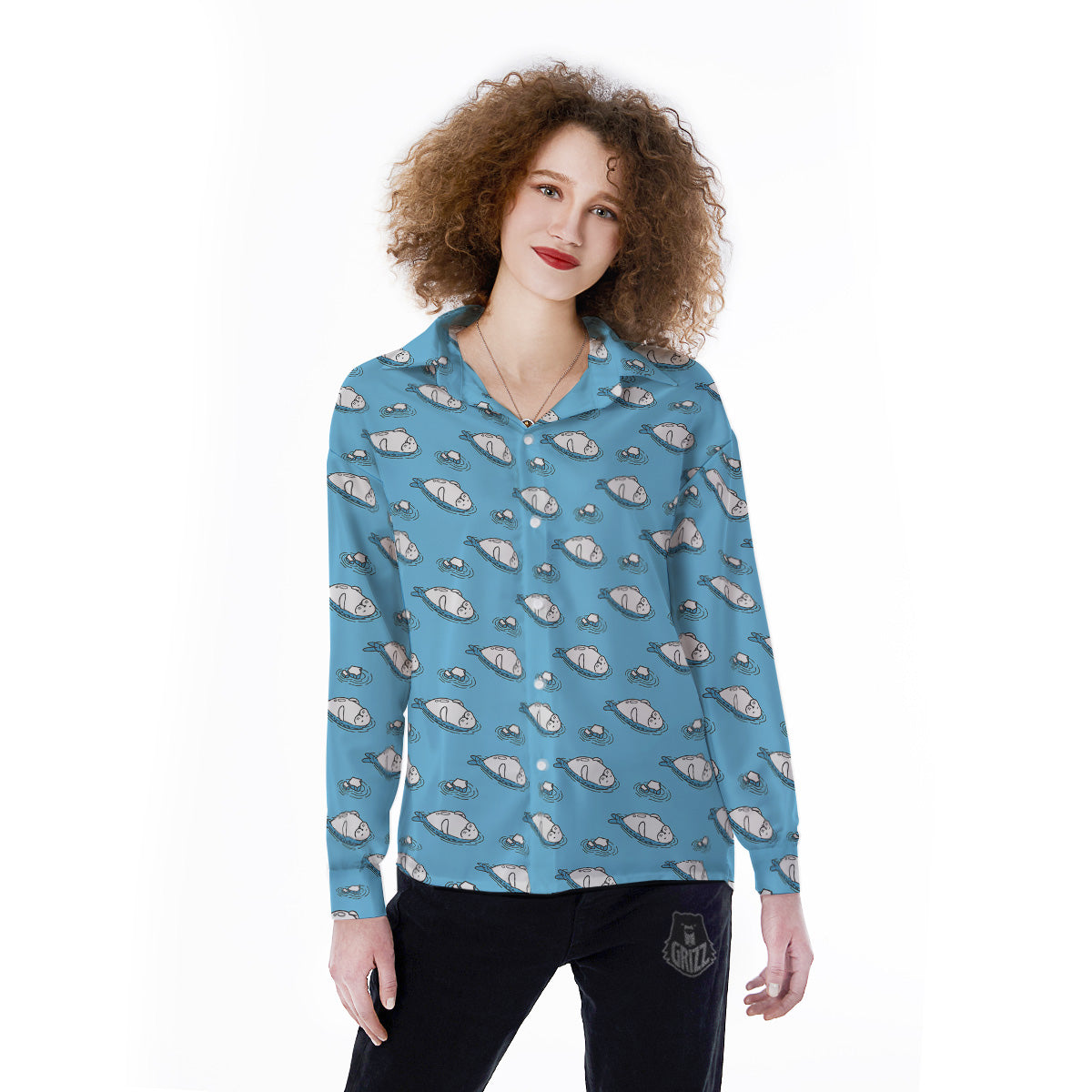 Cute Seal Swim Print Pattern Women's Long Sleeve Shirts-grizzshop