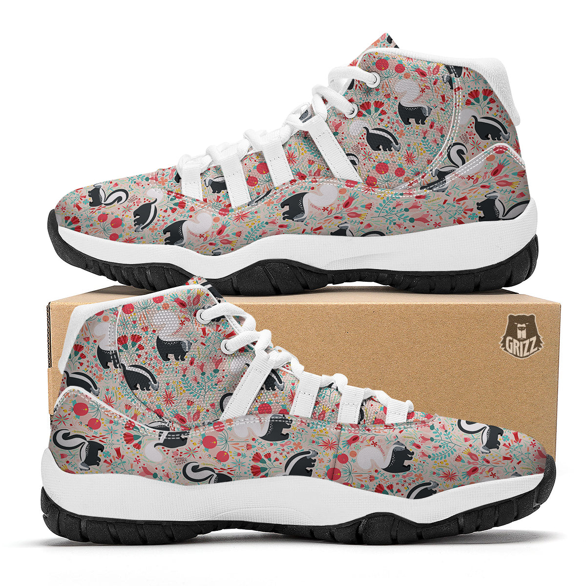 Cute Skunk And Floral Print Pattern White Bball Shoes-grizzshop