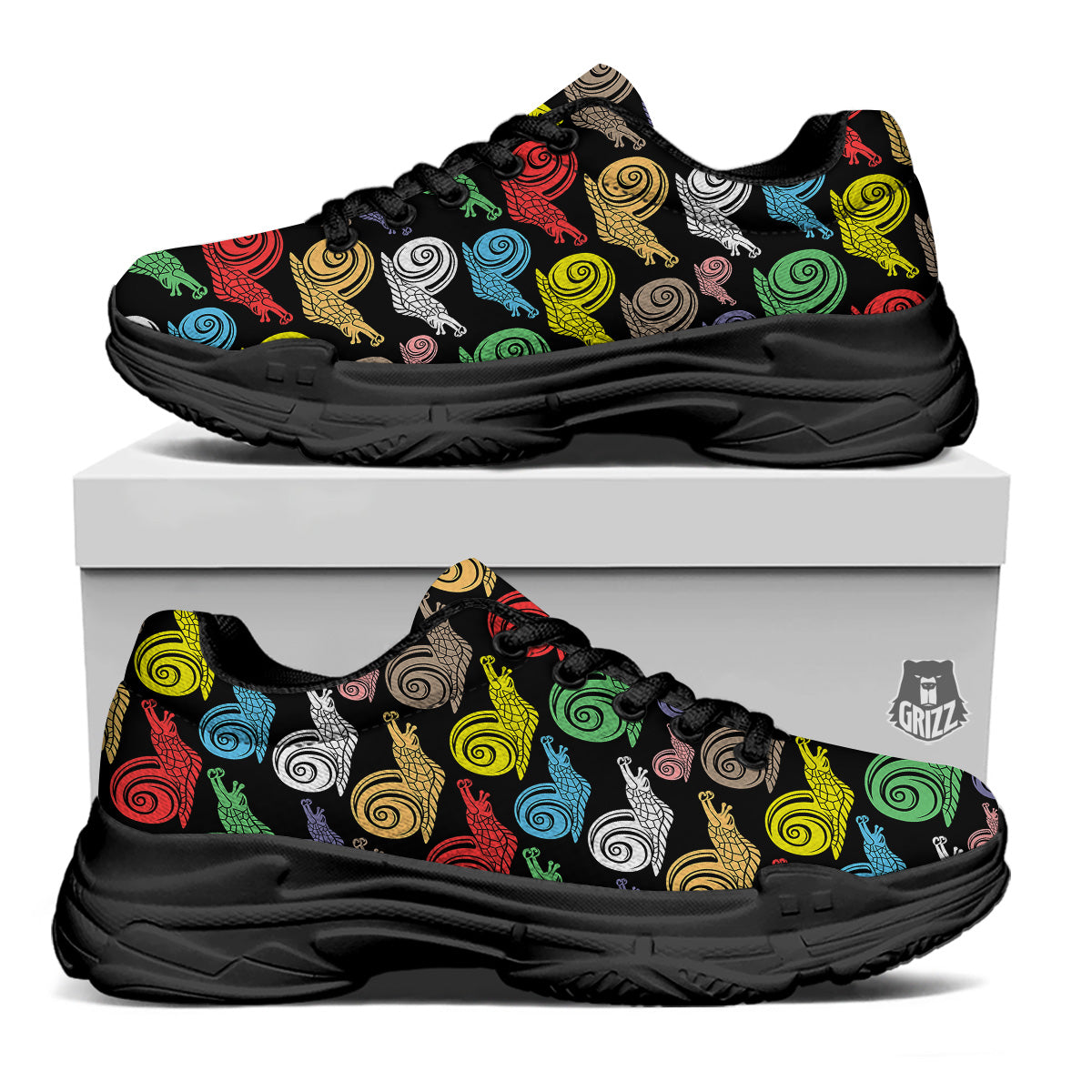 Cute Snails Colorful Print Pattern Black Chunky Shoes-grizzshop