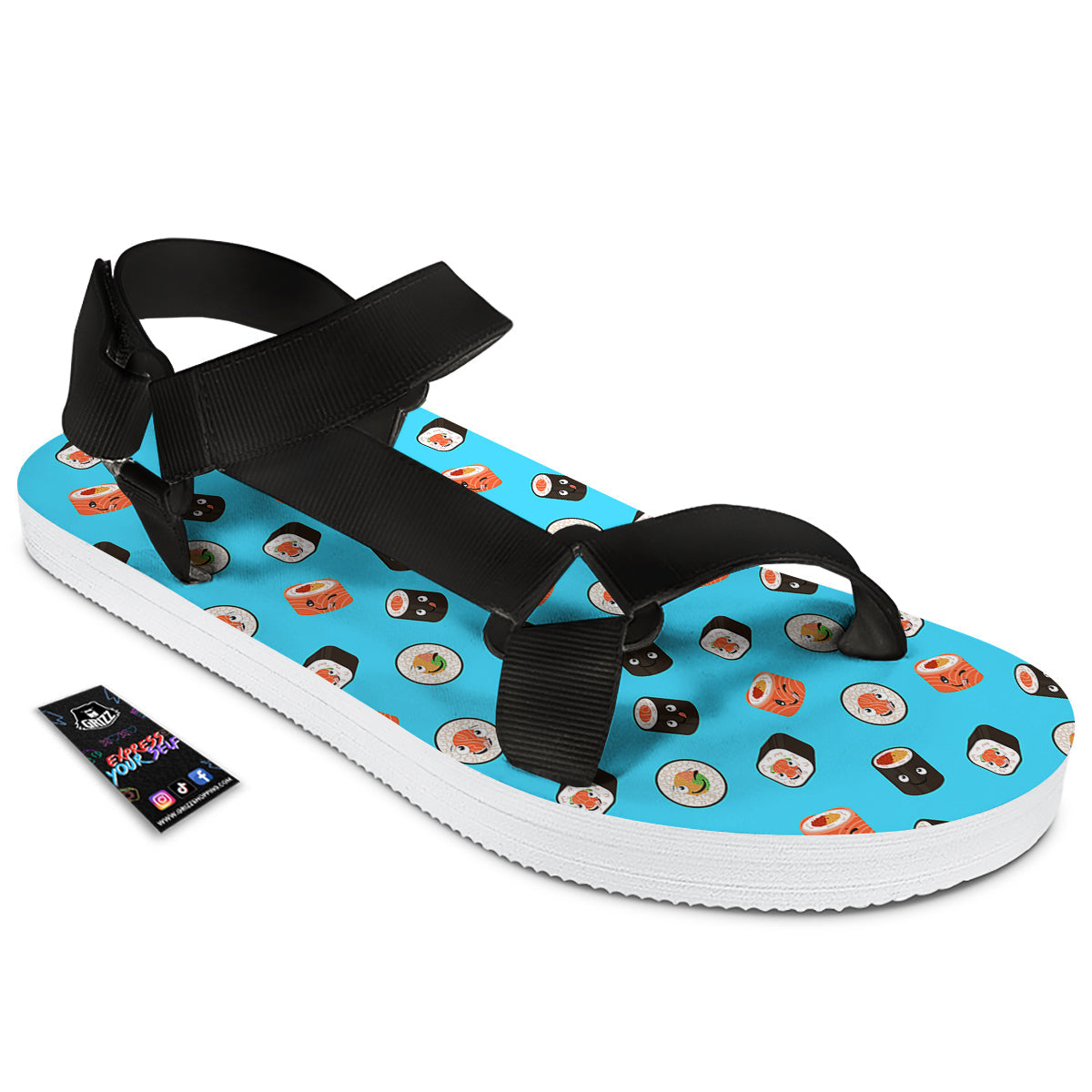 Cute Sushi Rolls Print Pattern Black Open Toe Sandals-grizzshop