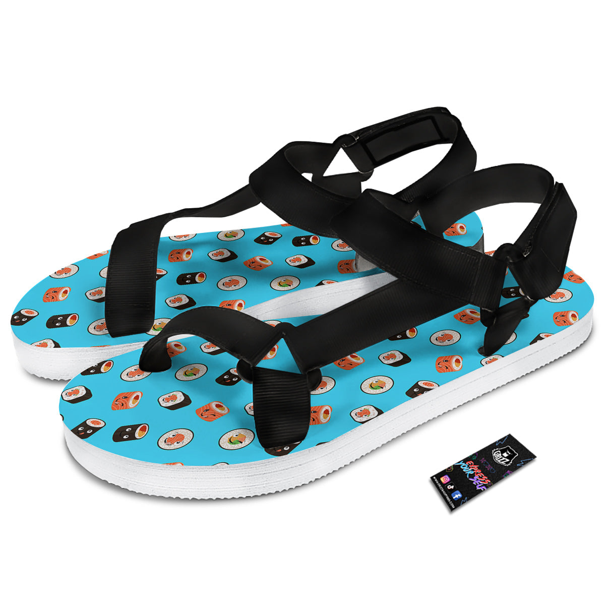 Cute Sushi Rolls Print Pattern Black Open Toe Sandals-grizzshop