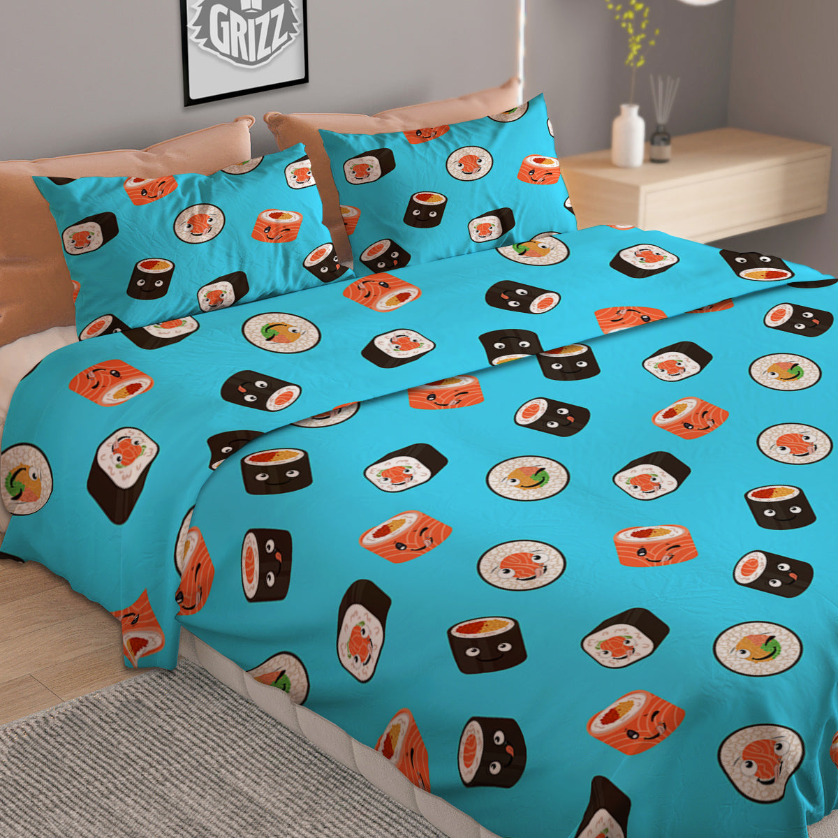 Cute Sushi Rolls Print Pattern Duvet Cover Bedding Set