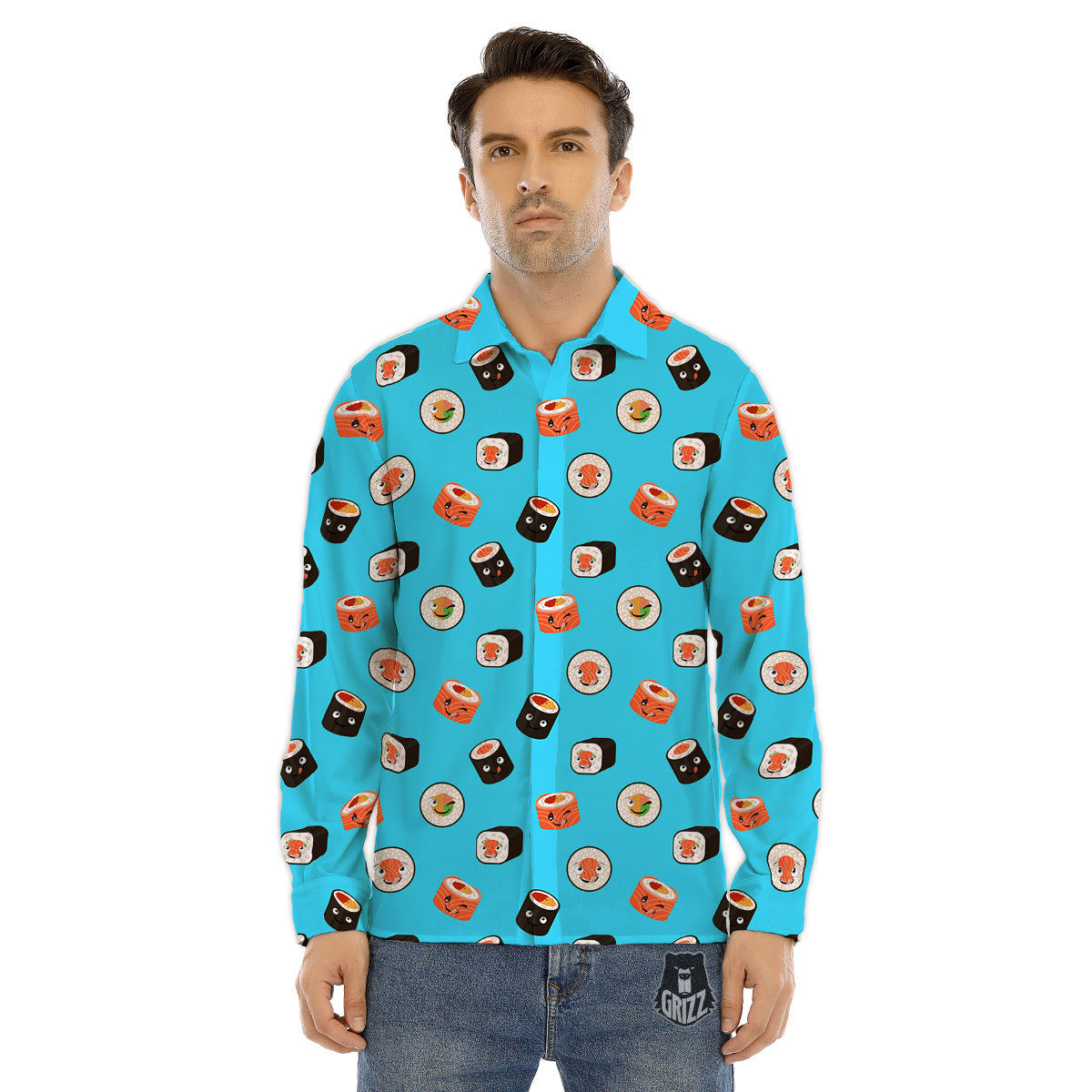 Cute Sushi Rolls Print Pattern Men's Dress Shirts-grizzshop
