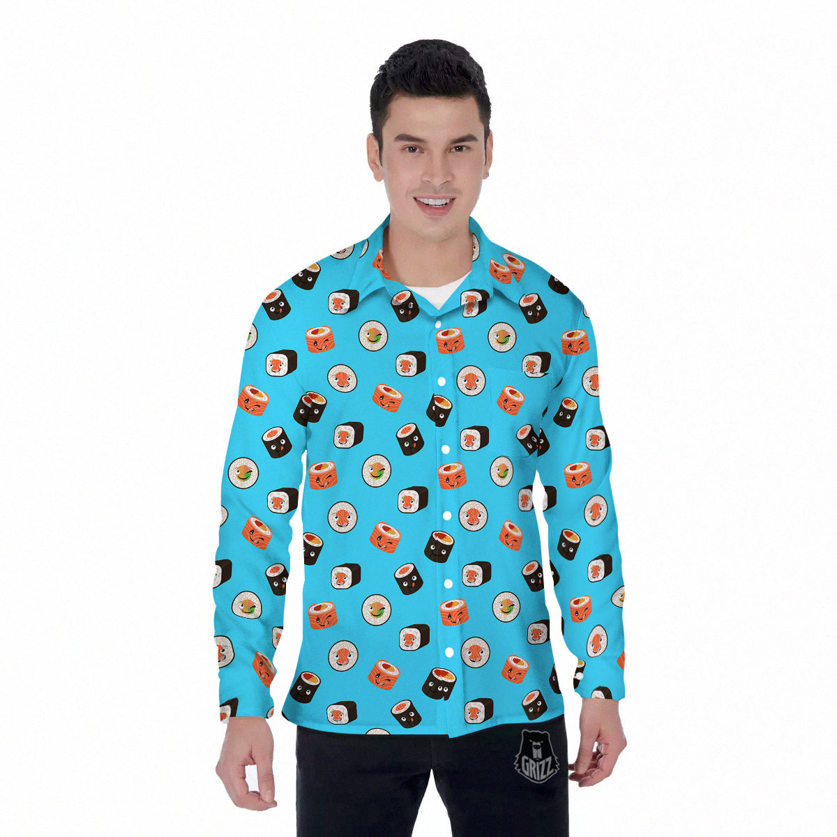 Cute Sushi Rolls Print Pattern Men's Long Sleeve Shirts-grizzshop